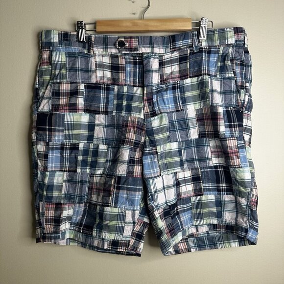 Brooks Brothers Bermuda Shorts Mens 38 Madras Plaid 100% Cotton Patchwork Preppy - Picture 1 of 11
